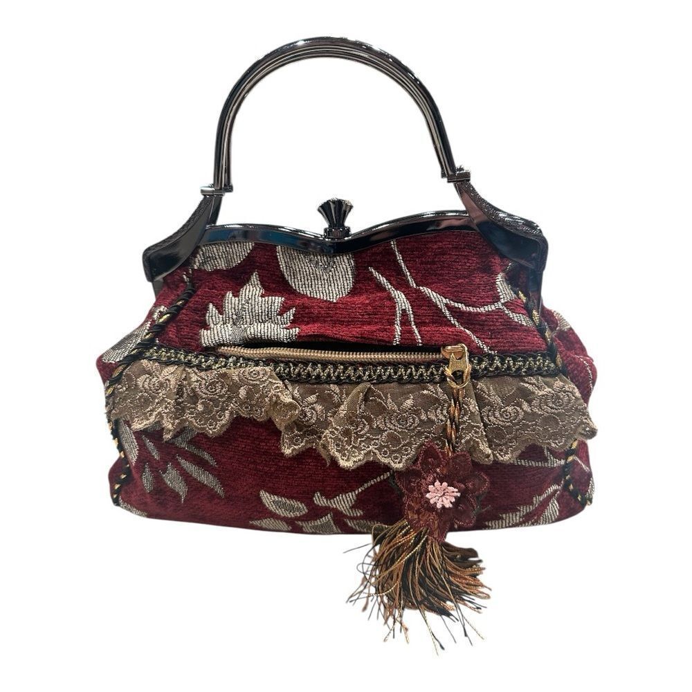 VTG Velvet Tapestry Bag Purse Ornate Rhinestones Ruffles Handbag Flowers Tassel